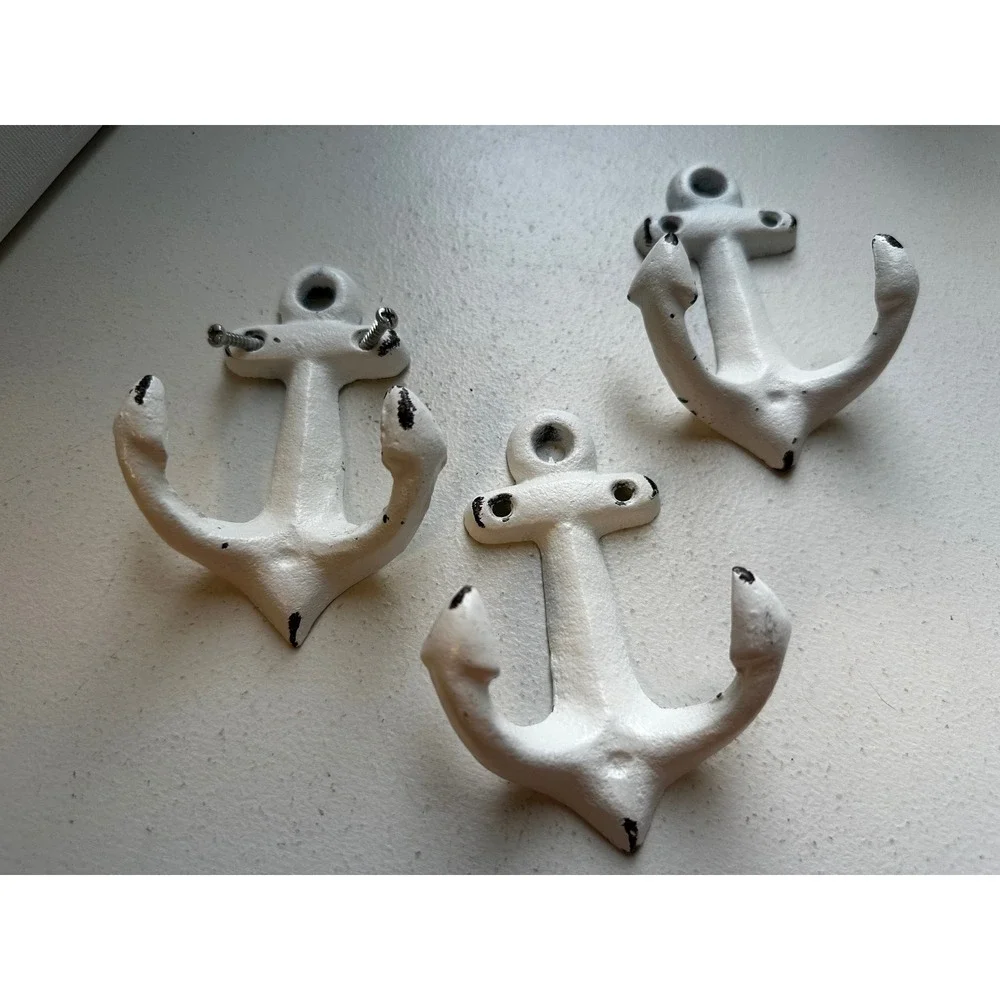 Set of 3 White Cast Iron Anchor Wall Hooks Nautical Coastal Maritime Decor